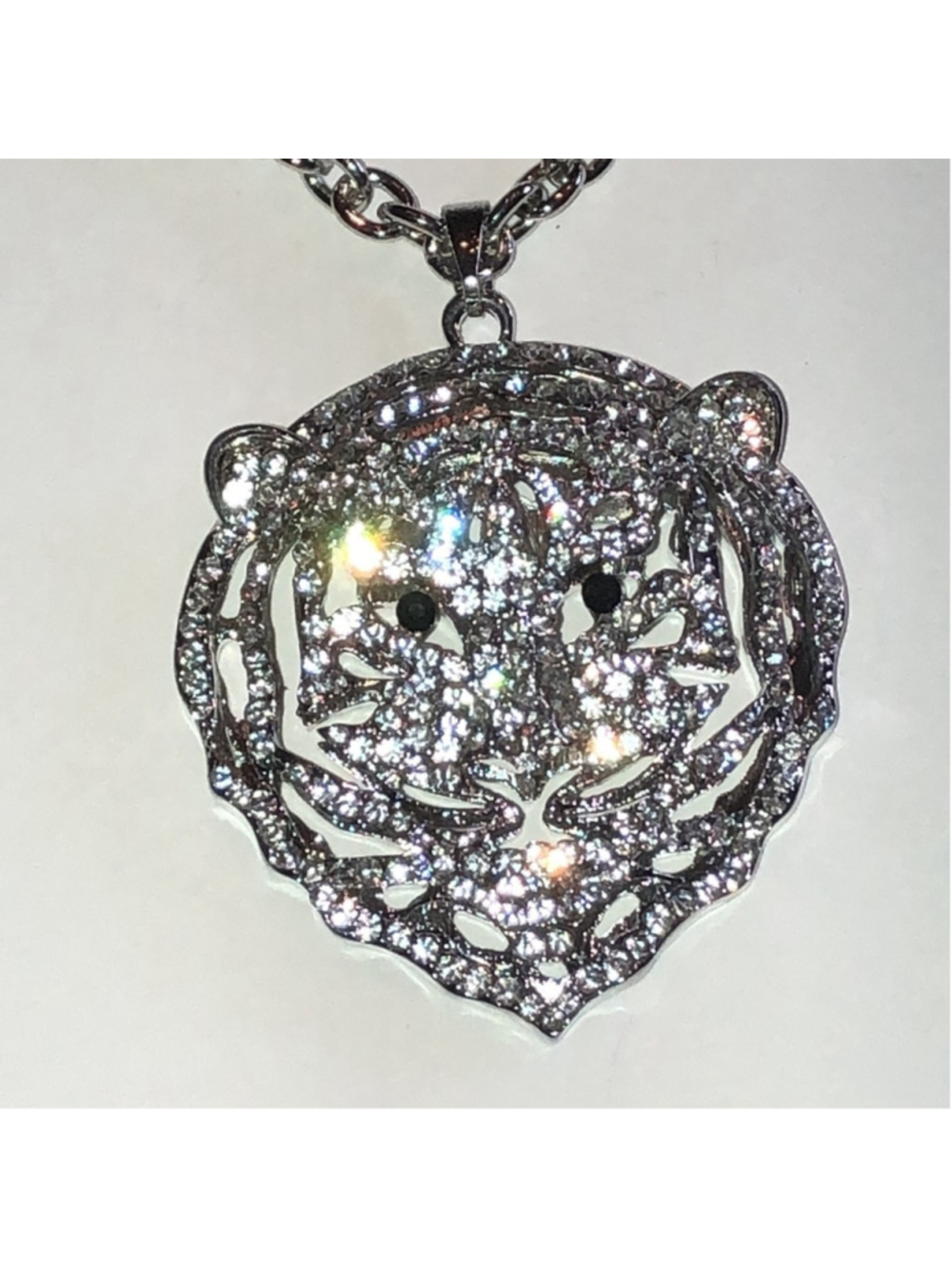 Elegant Silver Tone CZ Rhinestone Boho Tiger Pendant Necklace